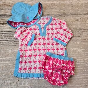 Pottery Barn Matching Swim Set Bathing Suit Hat Diaper Cover Kaftan Dress 6-12 M